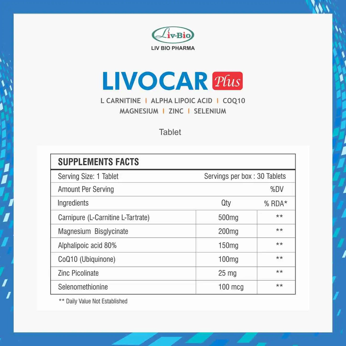 LivBio Livocar Plus, L-carnitine L Tartarate, CoQ10 & Minerals, Veg, 10 Tablets