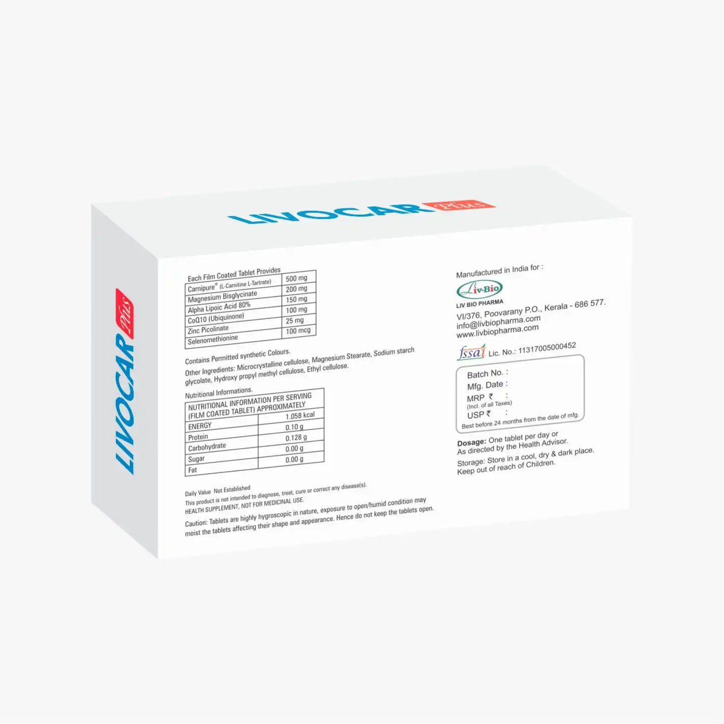 LivBio Livocar Plus, L-carnitine L Tartarate, CoQ10 & Minerals, Veg, 10 Tablets