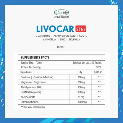 LivBio Livocar Plus, L-carnitine L Tartarate, CoQ10 & Minerals, Veg, 10 Tablets
