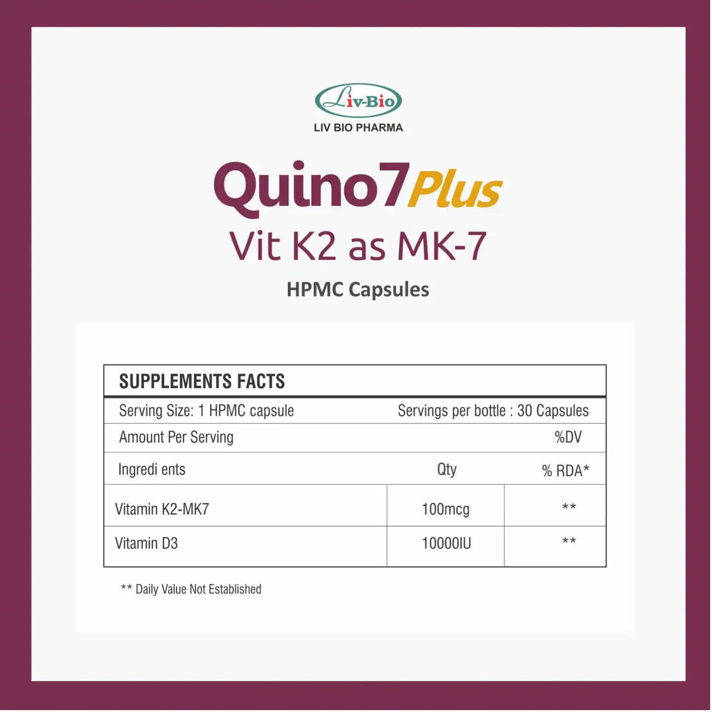 LivBio Quino 7 Plus, D3 + K2-7, 30 Capsules